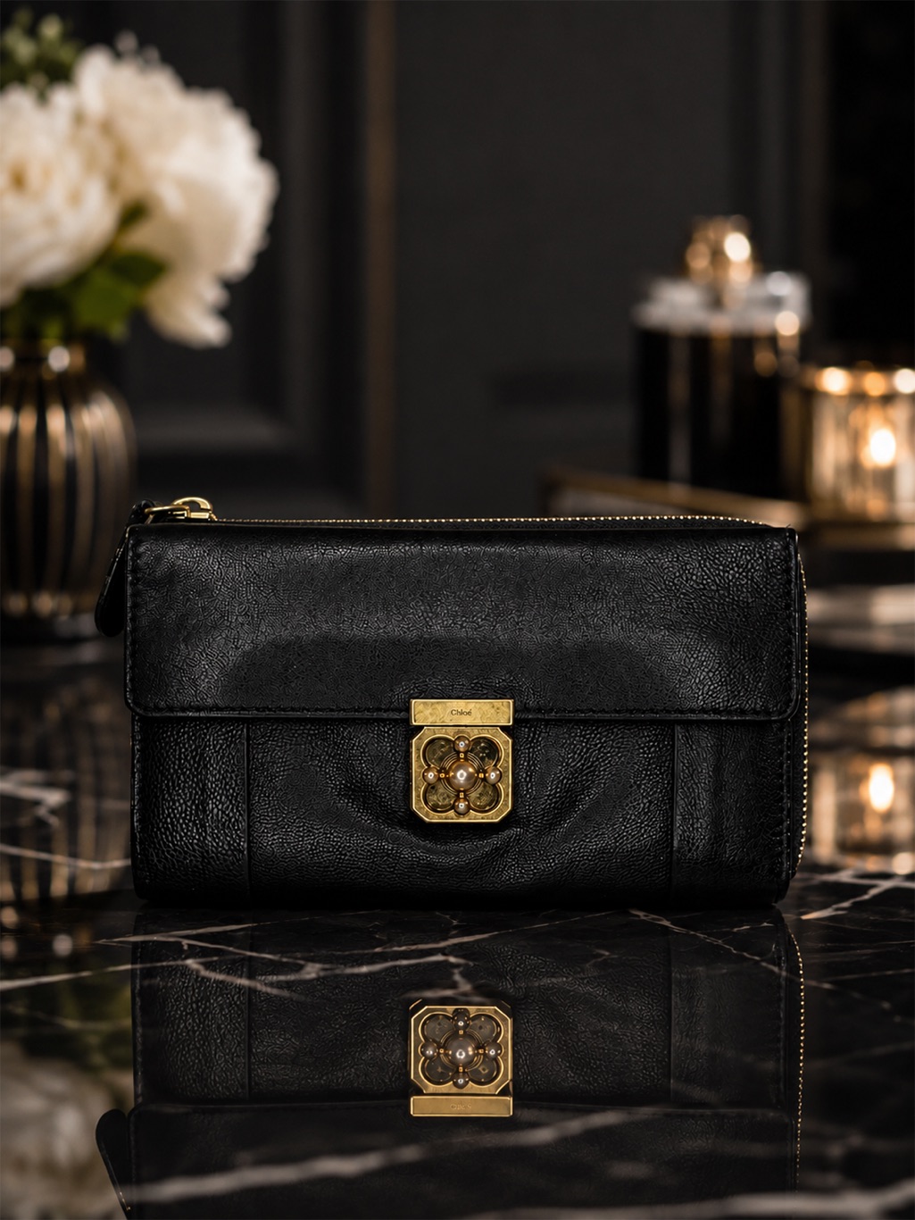 Chloe Elsie Black Leather Zip-Around Wallet | Gold Twist Lock | Vintage